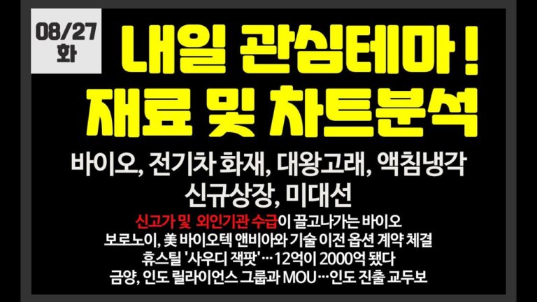 내일 관심테마! 바이오,전기차화재,대왕고래,액침냉각,신규상장,비대면진료// 유한양행,케이엔솔,이엔셀,에이프릴바이오,보로노이,인성정보,한빛레이저,한국가스공사,한선엔지니어링,에스티팜