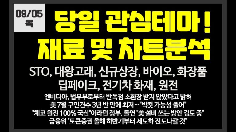 당일 관심테마! STO,대왕고래,신규상장,바이오,2차전지// 갤럭시아머니트리,한전산업,핑거,m83,케이옥션,셀루메드,시너지이노베이션,유한양행,케이옥션,샤페론,우리기술