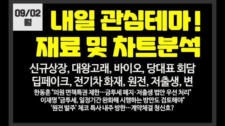 내일 관심테마! 신규상장,대왕고래,바이오,딥페이크,원전,당대표회담 // 이엔셀,M83,유한양행,라메디텍,웨이버스라온시큐어,블루엠텍,샌즈랩,한선엔지니어링,HLB,우리기술,한국가스공사