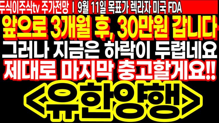 유한양행 제대로 충고할게요!! 앞으로 3개월 후, 30만원 가지만!! 지금은 하락이 두렵네요 FT.두식이주식TV 유한양행목표가 주가전망 렉라자 미국FDA승인