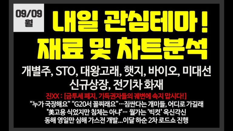 내일 관심테마! 개별주,STO,대왕고래,햇지,해리스,바이오// 셀루메드,유한양행,대봉엘에스,파마리서치,샤페론,갤럭시아머니트리,핑거,신라섬유,한국가스공사,화성밸브,한선엔지니어링