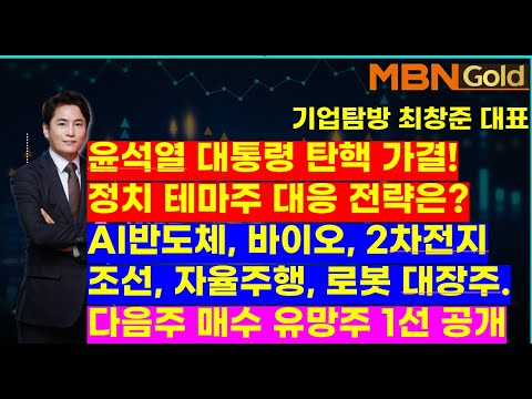 MBN골드(기업탐방 최창준대표)윤석열 대통령 탄핵 가결! 정치 테마주 대응 전략은?  AI반도체, 바이오, 2차전지조선, 자율주행, 로봇 대장주. 다음주 매수 유망주 1선 공개