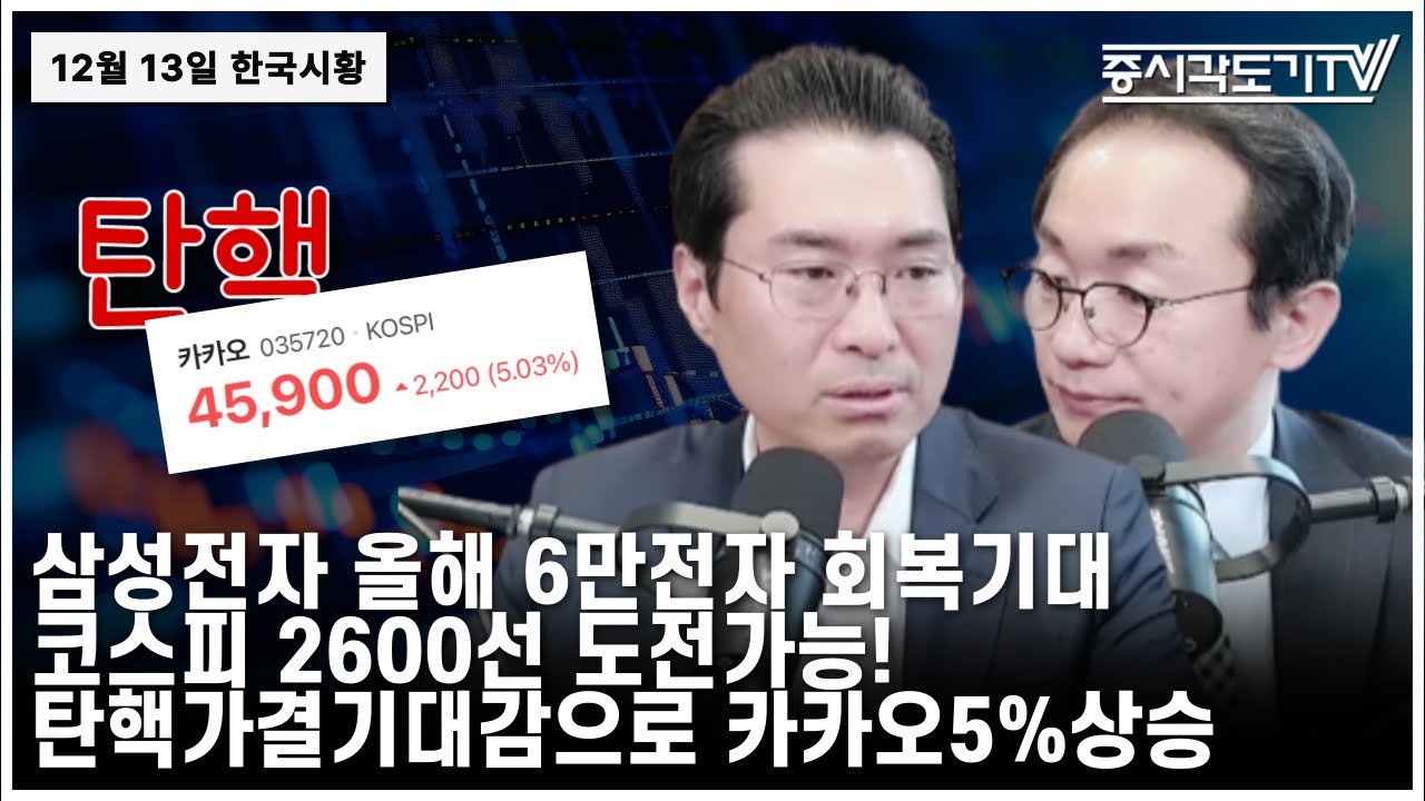 [한국시황] 12월13일 "삼성전자 올해 6만전자 회복기대! 코스피 2600선 도전가능! 탄핵 가결 기대감으로 카카오 5% 상승!"