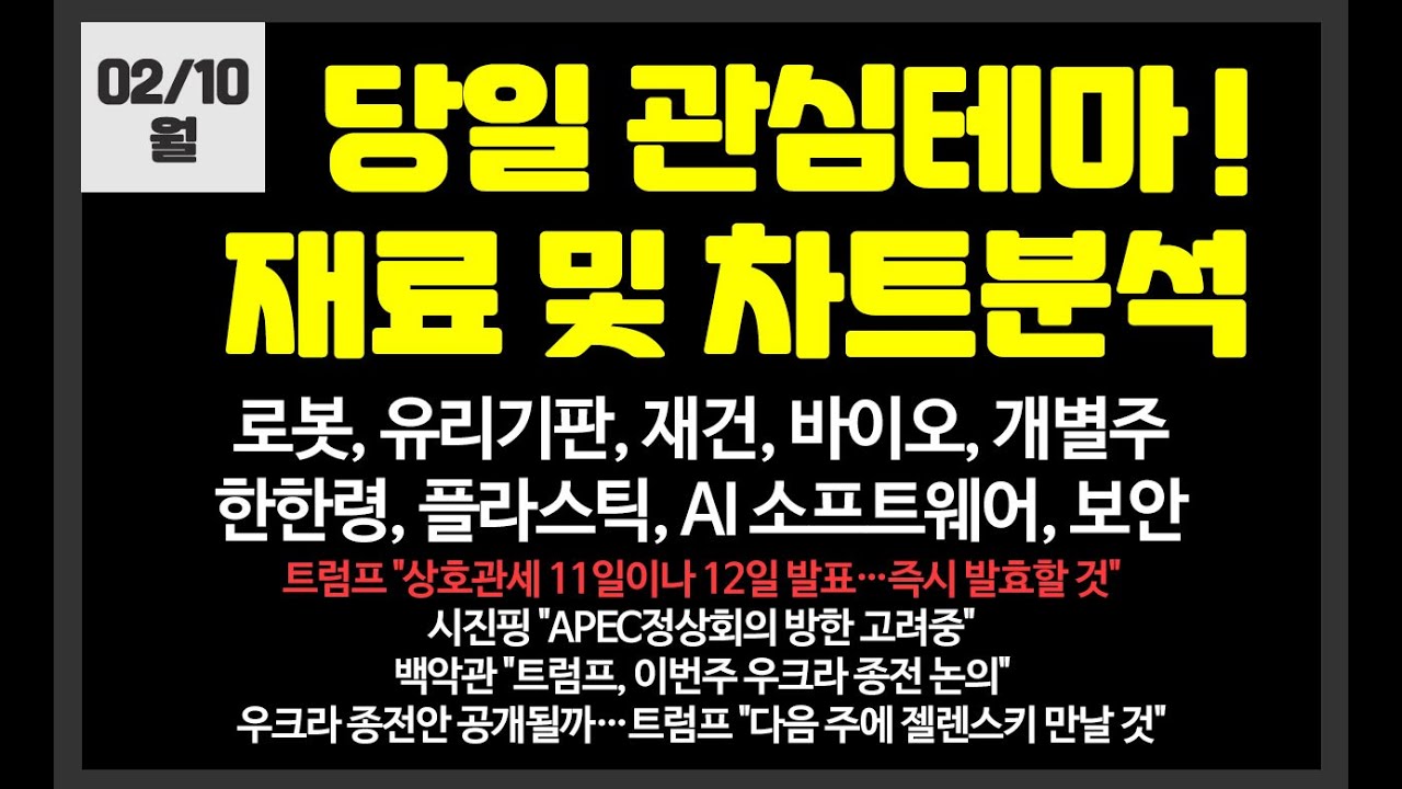 당일 관심테마 로봇,재건,유리기판,한한령,플라스틱,AI,개별주 / 레인보우로보틱스,하이젠알앤엠,클로봇,필옵틱스,현대로템,제주반도체,에스오에스랩,어보브반도체,전진건설로봇,대동기어