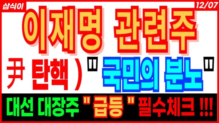 이재명 관련주🔥- 尹 탄핵)  ” 국민의 분노 ” 대선 대장주 ” 급등 ” 필수체크 !!! 대선주 대선관련주 이재명관련주 한동훈관련주 대장주 정치테마주 주가 주가전망 목표가 삼식이