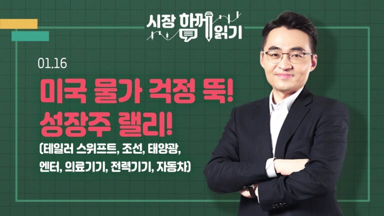 [시장함께읽기] 1월 16일, 미국 물가 걱정 뚝! 성장주 랠리!(테일러 스위프트, 조선, 태양광, 엔터, 의료기기, 전력기기, 자동차)