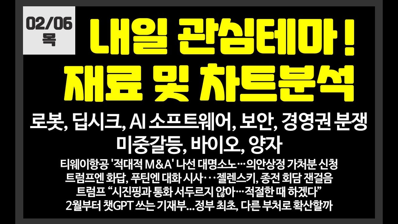 내일 관심테마 로봇,딥시크,AI,경영권분쟁,미중갈등 / 레인보우로보틱스,하이젠알앤엠,클로봇,솔트룩스,삼현,삼천당제약,카카오,NAVER,카페24,고영,폴라리스AI,이스트소프트