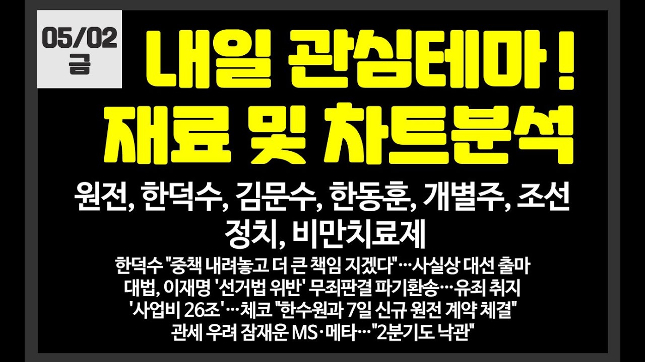 내일 관심테마!  원전,조선,한덕수,정치,개별주/ 상지건설,애경케미칼,오리엔트정공,두산에너빌리티,일정실업,한화오션,쎄크,디앤디파마텍,아이스크림에듀,시공테크,대한제당